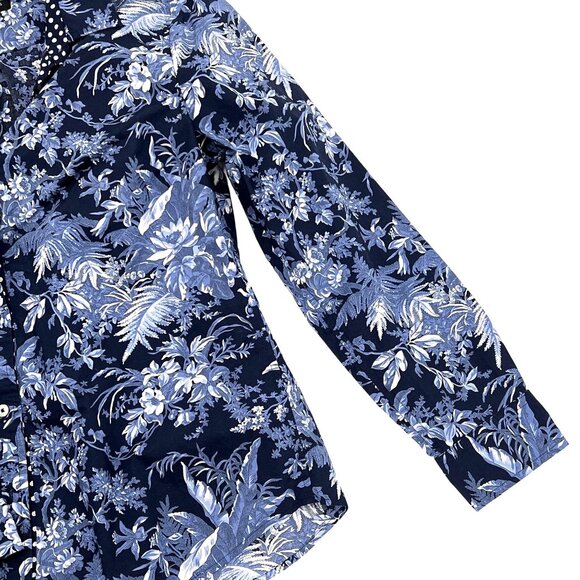 Talbots Womens Sm Petite Floral Button-Up Shirt Contrast Collar Navy Periwinkle - Picture 3 of 12